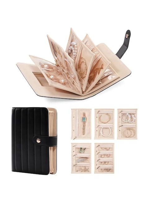 Lolalet Travel Jewelry Organizer Case, Portable Jewlery Storage Book Portfolio Binder with Zipper Velvet Pouch and Built-in Mirror for Women -Black
