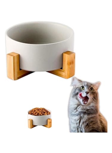 PETSARY Ceramic Dog Cat Food Bowl with Bamboo Wood Stand - Modern Round Heavy Duty Food and Water Bowl - Comfort Non-Slip Durable Elevated Dog Bowl - Cute No Spill Anti Tip Over Feeder Bowl - Grey
