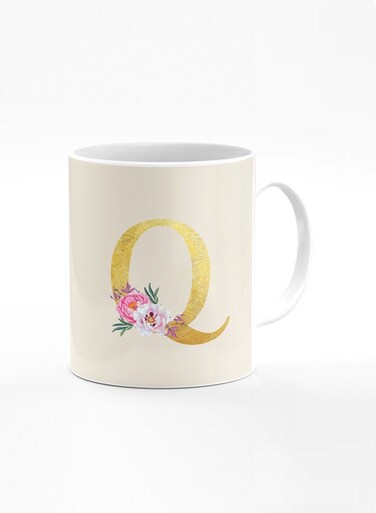 Designer Printed Coffee Mug 11oz Ceramic Personalised Gift Mugs Cup -Custom Monogram Initial Letter Floral Pattern Alphabet - Q (Albescent White)