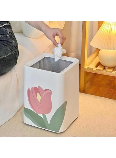 Modern Style Tulips Trash Can，Plastic Tulip Home Garbage Basket， White Garbage Can with Removable Plastic Bin, Decorative Garbage Can for Home，Kitchen, Bathroom (square)