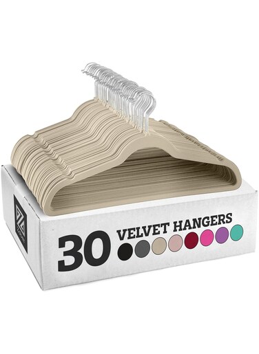30Pcs Non Slip Felt Hangers Space Saving Clothes Hanger Velvet Hanger Heavy Duty Adult Hanger For Coat, Suit - Beige