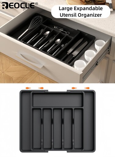 Expandable Utensil Tray with Adjustable Compartments and BPA Free Design Kitchen Drawer Organizer with Non-Slip Base for Spoon Fork Knife Storage