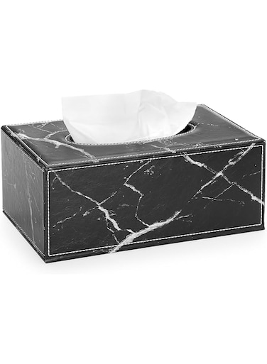 Sumnacon Rectangular Large or Medium Linen Tissue Box Cover - Stylish Tissue Box Holder with Magnetic Bottom (Marble Black, Medium)