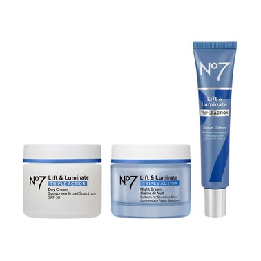 No7Lift &amp; Luminate Triple Action Skincare Set - Broad Spectrum Anti Aging Day Cream SPF 30 + Vitamin C Wrinkle Serum + Collagen Peptide Brightening Night Cream (3 Piece Kit)
