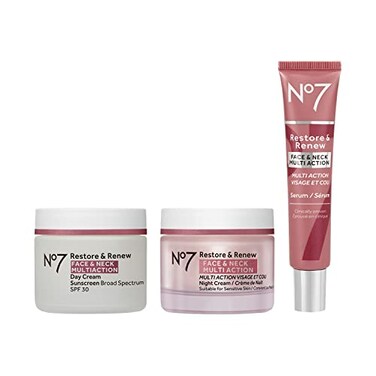 No7 Restore &amp; Renew Face &amp; Neck Multi Action Skincare System - SPF 30 Day Cream With Vitamin C &amp; Collagen Peptides + Anti Aging Facial Serum + Hyaluronic Acid Hydrating Night Cream (3 Piece Kit)