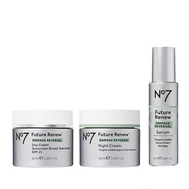 No7 Future Renew Damage Reversal Skincare Set - Anti Aging Face Serum (.33 Fl Oz), Day Cream with SPF 25 (1.69 Fl Oz) &amp; Night Cream (1.69 Fl Oz) - Reverses Visible Signs of Sun Damage - 3-Piece Set