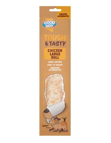 Good Boy Tough &amp; Tasty Chicken Large Roll is the perfect treat to keep your dog busy for a while.

Designed with a tough texture that has been coated in super tasty real chicken, the treat is great for chewing and will also help to remove plaque and tartar from the surface of your dog&rsquo;s teeth due to the natural abrasive action of chewing.

Key Benefits:

Long-lasting
Easy to digest
Low in fat
Promotes dental hygiene
Rawhide alternative