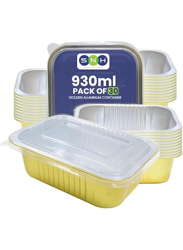 SNH Packing 30 Pcs Disposable Aluminum Foil Container with Lids Gold Large Aluminum Foil Baking Pans Tray - Heavy Duty Tin Tray Food Containers for Storing, Baking &amp; Cooking 930 Cc/ml (Pack of 30)
