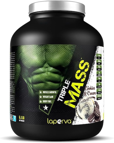 Laperva Triple Mass Gainer Protein Powder, High Calorie Weight Gainer With Glutamine &amp; Added Essential Fatty Acids, 1500mg Added Creatine Blend +10gm Of BCAA (Cookies &amp; Cream, 6 LB)