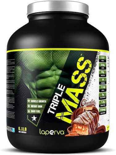 Laperva Triple Mass Gainer Protein Powder, High Calorie Weight Gainer With Glutamine &amp; Added Essential Fatty Acids, 1500mg Added Creatine Blend +10gm Of BCAA (6 LB, Chocolate Peanut)