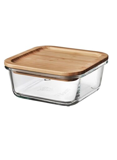 container with lid, square glass/bamboo600 ml