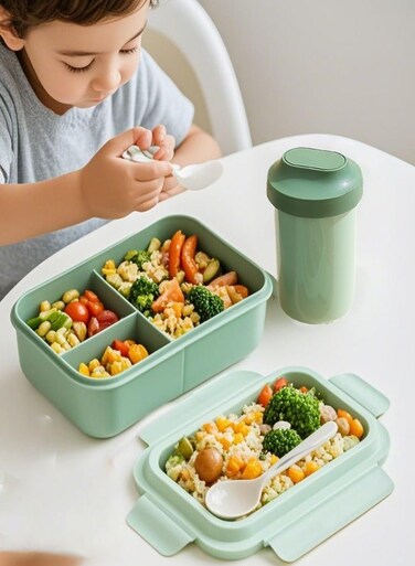 ZYouth Lunch Boxes with 480ml Water Cup, with Spoon &amp; Fork Bento Lunch, Snack Box, Perfect for School, Nursery &amp; Trips, Lunch Containers for Boys and Girls, Green