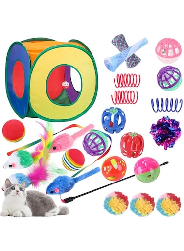Masroo Cat Toys Set 24 PCS, Interactive Cat Kitten Toys for Indoor Cats Kitty with Collapsible Cat Play Tunnel Tube Tent Cat Feather Wand Teaser Cat Bell Fuzzy Ball Springs Mouse Toys