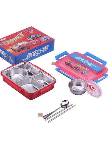 Kids Lunch Box with Tableware,Customed for Kids Cartoon Bento Lunch Box，1100ml 4 compartment Insulated Lunch Box for Children   Leakproof   BFA Free   Dishwasher   Stainless Steel 26x20x7cm (Cars)