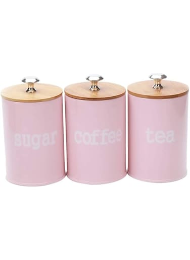 Arabest 3 Pieces Airtight Kitchen Canister, Food Storage Bin, Decorations with Bamboo Lids, Metal Decor Containers for Sugar Coffee Tea (Pink)