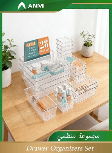 28 PCS Clear Plastic Drawer Organizer Set 4 Sizes   Versatile Storage Trays for Makeup Jewelry Kitchen Utensils Office Gadgets   Home Organization Essential