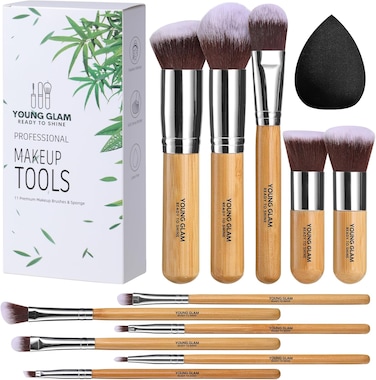 Young Glam Makeup Brush Set 11Pcs Bamboo Synthetic Kabuki Brush Set Foundation Powder Blending Concealer Eye shadows Blush Cosmetics Brushes with Organizer Bag &amp; Makeup Sponge
