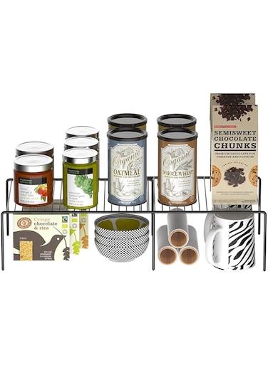 U-HOOME Cabinet Storage Shelf Rack, Expandable Kitchen Countertop Organizer Shelf, Stackable Counter Fridge Pantry Drawer Shelf Space Saver,Pantry Cupboard Shelf Home Organization and Storage (Black)