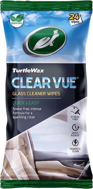 Turtle Wax Car Wipes, Clear Vue Car Glass Cleaner Wipes - Quick &amp; Easy Streak Free Glass Wipes- Removes Finger Marks, Grime &amp; Tobacco Stains On Windows, Mirrors &amp; Camera Lenses - Re-Sealable Pack