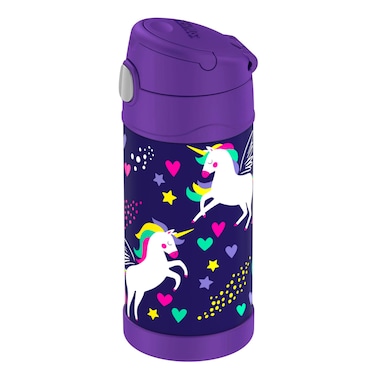 THERMOS FUNTAINER STAINLESS STEEL KIDS UNICORN BOTTLE 355ML, F40122UGW, KIDS WATER BOTTLE WITH STRAW, INSULATED FLASK, HYDRATION BOTTLE WITH LID