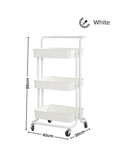 3-Tier Utility Cart Rolling Storage Shelf With Handles 2 Lockable Wheels White 86x42x30centimeter