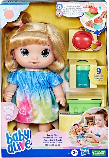 Baby Alive Fruity Sips Doll, Apple, Toys for 3 Year Old Girls, 12-inch Baby Doll Set, Drinks &amp; Wets, Pretend Juicer, Kids 3 and Up, Blonde Hair
