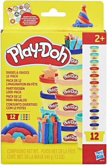 مجموعة بلاي دو المكونة من 12 قطعة من الحلوى والهدايا، والملصقات، وعلب معجون التشكيل سعة 28 غرام، مثالية لحشو أكياس هدايا الحفلات، وأنشطة فنية وحرفية للأطفال من عمر سنتين فما فوق.