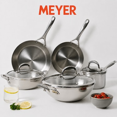 Meyer Select 8-Piece Stainless Steel Cookware Set with Saucepan, Sauteuse, Frying Pans &amp; Wok &ndash; Induction Compatible, Oven &amp; Dishwasher Safe, Metal Utensil Safe