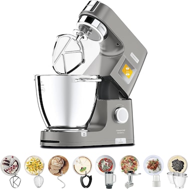 Kenwood Stand Mixer Metal Body Kitchen Machine Titanium Chef Patissier XL With Warming Function, Built-In Weighing Scale, Duobowl, 4 Tools, Glass Blender, Meat Grinder, Multi Mill Kwl90.344Si Silver