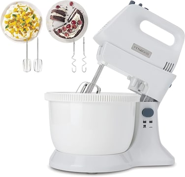 KENWOOD Stand Mixer Hand Mixer (Electric Whisk) 450W with 3.4L Rotary Bowl, 5 Speeds + Turbo Button, Twin Stainless Steel Kneader and Beater for Mixing, Whipping, Whisking, Kneading HMP32.A0WH White