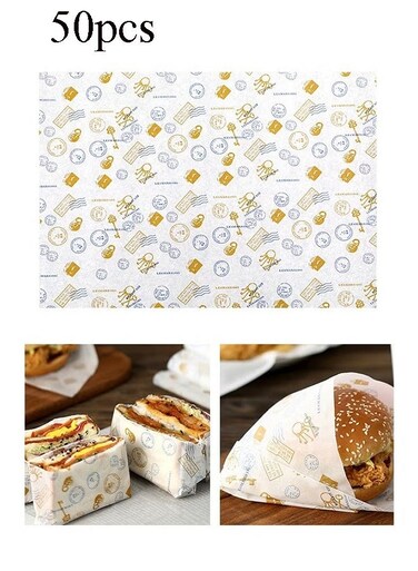 50 Sheets of Food-grade Wrapping Paper for Bread Sandwiches, Hamburgers and Fries, and Greaseproof Paper for Burger Trays, Baking Tools,