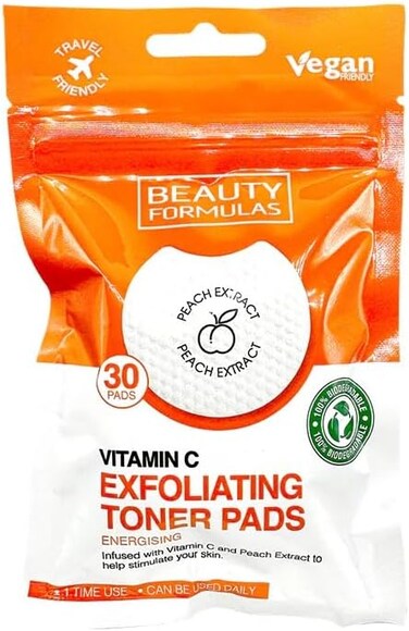Beauty Formulas Peach Extract + Vitamin C Exfoliating Toner Pads, 30 Pads, Energizing &amp; Stimulating, Infused With Vitamin C &amp; Peach Extract, Vegan, Daily Use