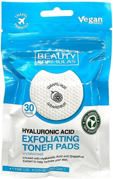 Beauty Formulas Hyaluronic Acid Exfoliating Toner Pads, 30 Pads, Infused With Hyaluronic Acid &amp; Grapefruit Extract, Hydrating &amp; Refreshing, Daily Use