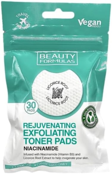 Beauty Formulas Niacinamide Exfoliating Toner Pads 30 Pads, Vegan Friendly, Infused With Niacinamide &amp; Licorice Root Extract For Rejuvenating Skin, Daily Use
