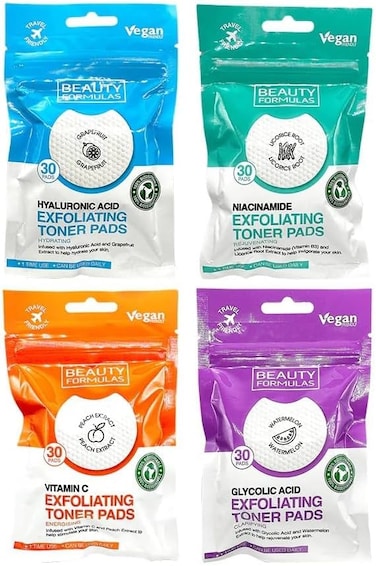 Beauty Formulas Glycolic Acid Exfoliating Toner Pads, 30 Pads, Infused With Glycolic Acid &amp; Watermelon Extract, Clarifying &amp; Rejuvenating, Travel-Friendly