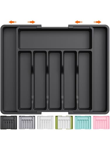 Lifewit Silverware Drawer Organizer, Expandable Utensil Tray for Kitchen, BPA Free Flatware and Cutlery Holder, Adjustable Plastic Storage for Spoons Forks Knives, Large, Black