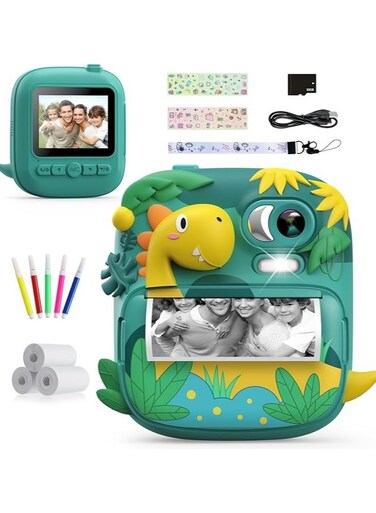 CAMCLID 2.4 Inch Kids Camera Dinosaur Instant Camera with 32G Card and 3 Rolls Printing Paper Gift for 3-12 Year Old Boys Girls (Green)