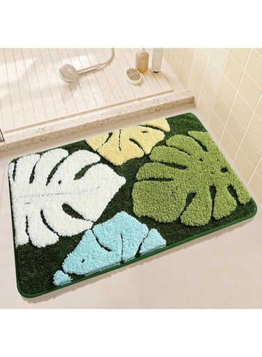 MedMad Strong Water Absorbent Plush Microfiber Bath Mat Rug，Non Slip Green Leaves Bathroom Mat, Machine Washable Quick Dry Shower Rug for in Front of Bathtub Shower Room Sink (50 * 80cm, style 1)