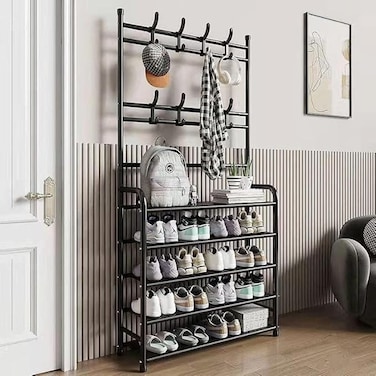 Shoe Racks Storage , Coat and Shoe Rack , Coat Rack with Shoe Storage , Upgrade 5 Tier Shoe Rack , Black Shoe Rack , Shoe Storage Organizer , Shoe Shelf with 8 Hooks for Bedroom , Hallway , Office