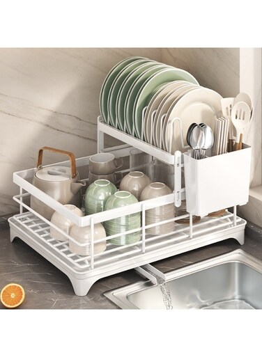Fashion All-in-One Dish Draining Rack with Utensil Holder An efficient drying solution that combines multiple storage sections for plates, bowls, knives, and spoons. Its compact yet spacious design ensures proper drainage while keeping everything accessible and well arranged.