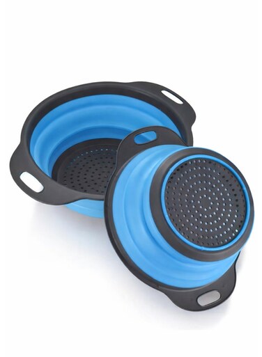 2 pcs silicone strainers with collapsible design for easy storage. Perfect kitchen solution for draining pasta, rinsing fruits, and cleaning vegetables efficiently(Blue)