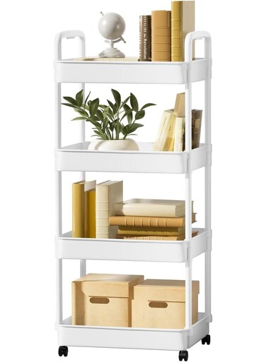 Rolling Storage Cart with Lockable Wheels &amp; Handle   Multipurpose Organizer for Kitchen, Bathroom, Laundry   Mobile Shelving Unit (White)