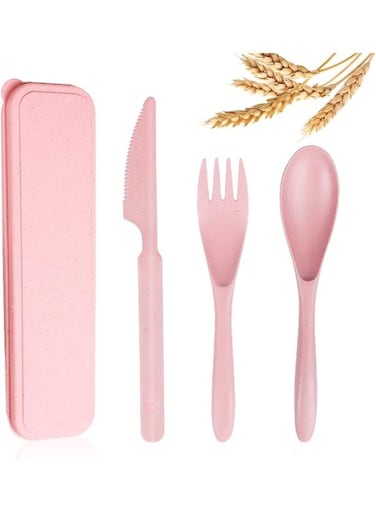 Reusable Travel Utensils Set with Case, Wheat Straw Portable Knife Fork Spoons Tableware, Eco-Friendly BPA Free Cutlery for Kids and Adults as Travel Picnic Camping Utensils ( Pink )