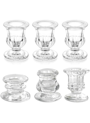 Glass Taper Candleholders - Clear Small Candlestick Holder Bulk, Set of 6 Clear Candleholders for Taper Candles Small Table, Glass Candlestick Holders, Thicker Glass Candle Sticks Set