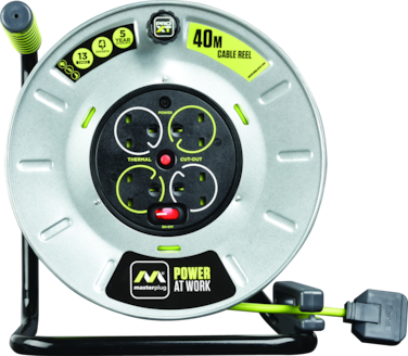 Masterplug OTLU40134SL Pro-XT Metal Steel Drum Four Socket 40 meter Open Cable Reel Extension Lead with Winding Handle