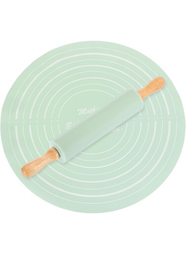 1Set Silicone Pastry Mat with Rolling Pin Multi Function Skid Dough Rolling Mat for Baking Food Grade Silicone Non Stick Surface for Pizza and Cookies