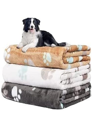 3 Pack Upgraded Dog Blankets for Large Dogs, Dog Flannel Blankets Washable, No Hair Loss, Soft Pet Mat Throw Cover for Kennel Crate Bed, Cute Paw Pattern, Waterproof Dog Blanket, Large(41" x 31")