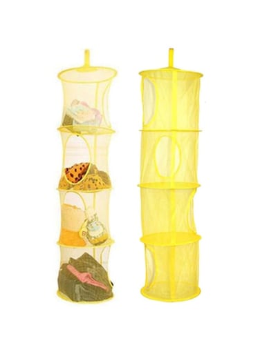GULIQ 2PCS Hanging Mesh Space Saver Bags Organizer 4 Compartments Toy Storage Basket for Kids Room Organization mesh Hanging Bag (Yellow)