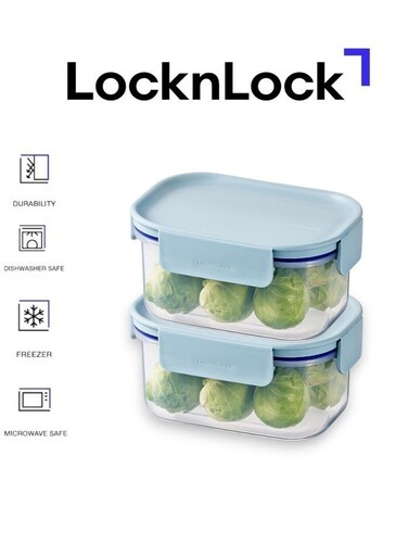 LocknLock Classic Plus Rectangle Food Container 385ml (PACK of 2) &ndash; Mint, Airtight &amp; Microwave Safe