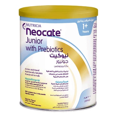 تركيبة حليب نيوكيت جونيور المضادة للحساسية للأطفال الصغار مع البريبايوتكس بنكهة الفانيليا من نيوتريشيا للأطفال من عمر 12 شهرًا فما فوق، 400 غرام